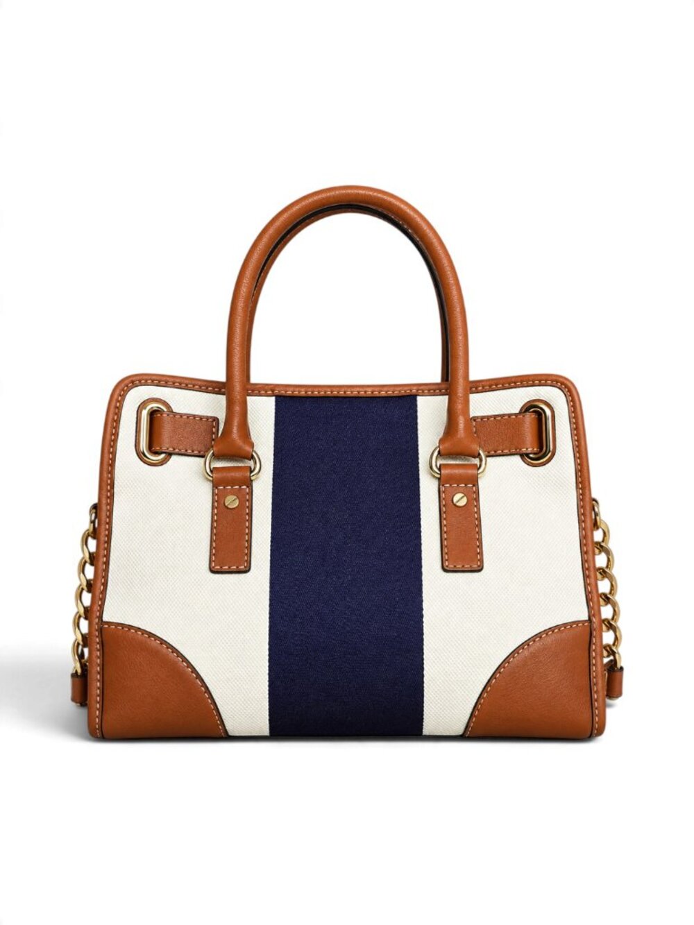 Michael Kors Hamilton East West Satchel Stripe Old Money Cream Navy Cognac - Picture 6 of 17